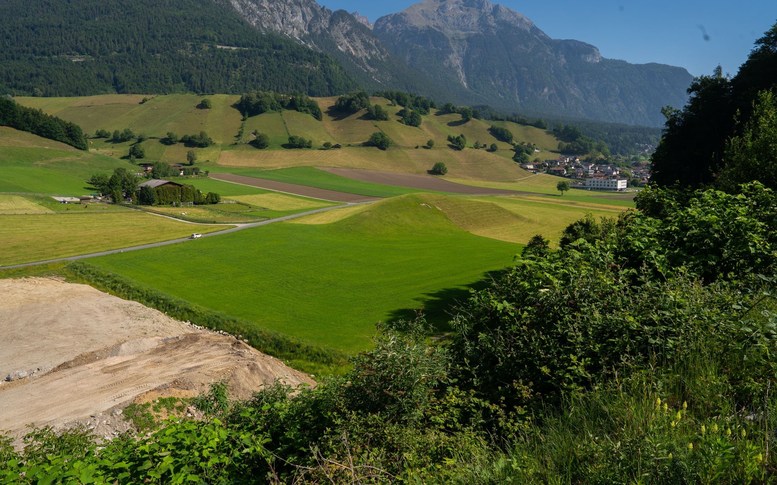 Grüne Wiese vor Tiroler Bergkulisse
